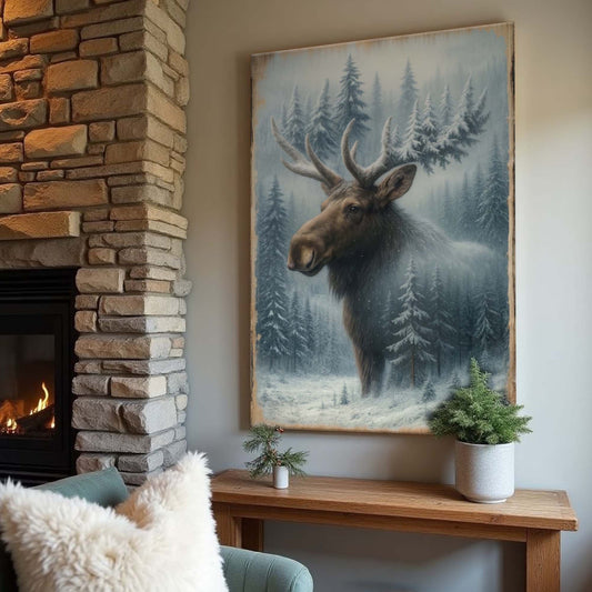 Snowy Forest Moose Double Exposure Wall Art