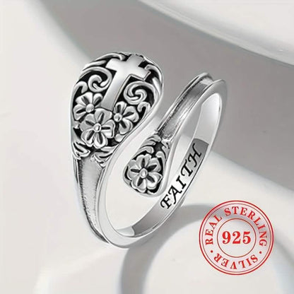 925 Sterling Silver Bohemian Faith Ring – Adjustable Vintage Cross