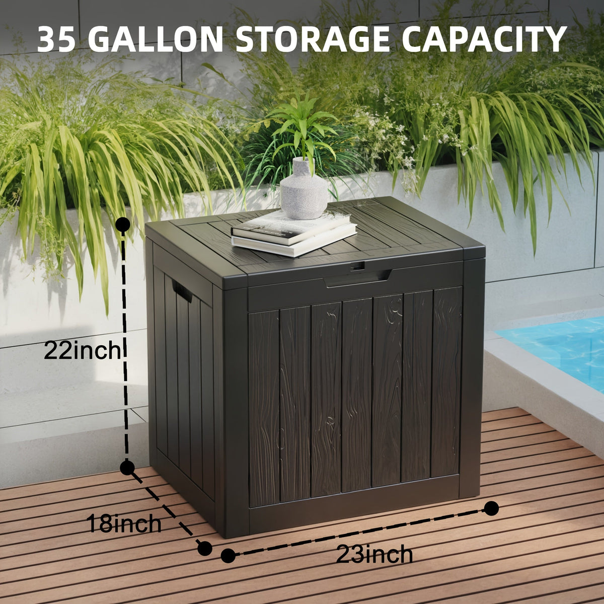 35 Gallon Outdoor Resin Storage Box – Black/Wood Grain