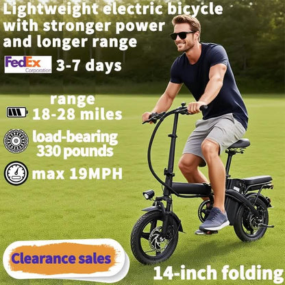 14" Folding Electric Bike 48V Lightweight E-Bike 330LB Load 19MPH 28-Mile Range