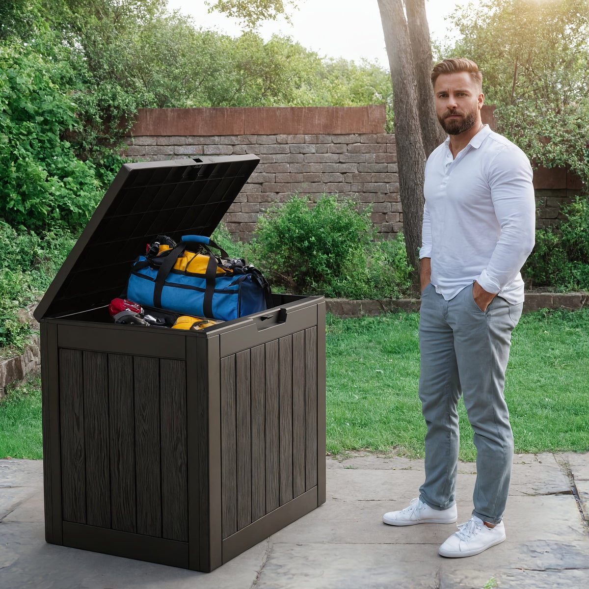 35 Gallon Outdoor Resin Storage Box – Black/Wood Grain