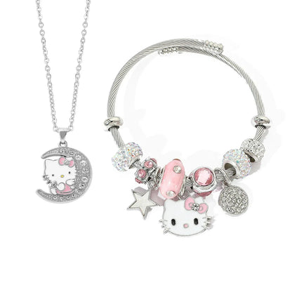 2pcs/set fashion exquisite cartoon cute hello Kitty trendy inlaid rhinestone jewelry set, suitable for daily wear, suitable as a