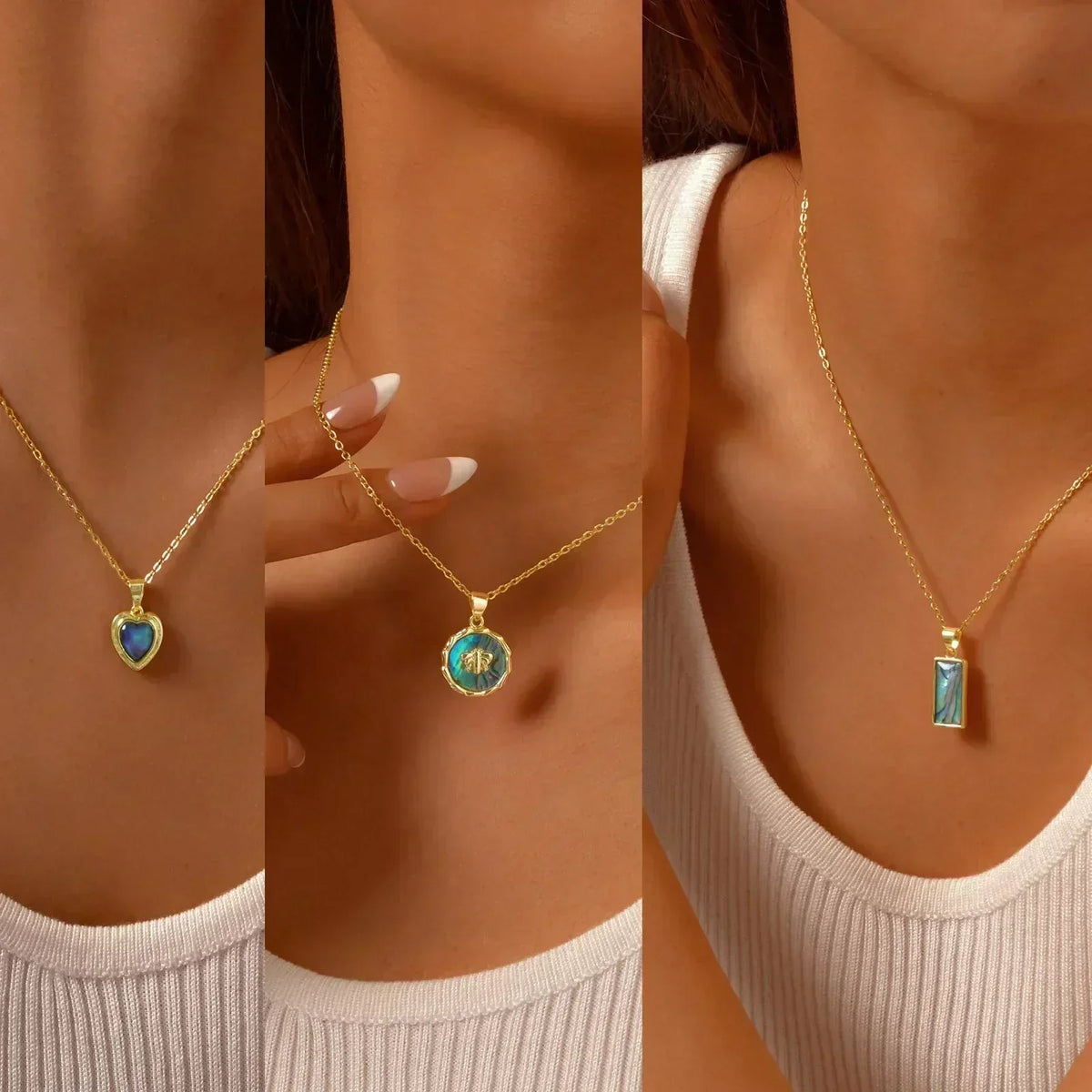 Summer Waterproof Necklace for Women, Nature Abalone Shell Heart Square Round Shape Pendant Statement Jewelry