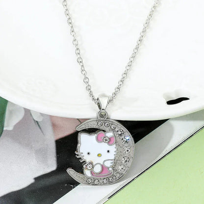 2pcs/set fashion exquisite cartoon cute hello Kitty trendy inlaid rhinestone jewelry set, suitable for daily wear, suitable as a