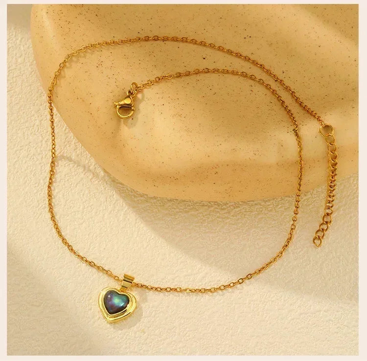 Summer Waterproof Necklace for Women, Nature Abalone Shell Heart Square Round Shape Pendant Statement Jewelry