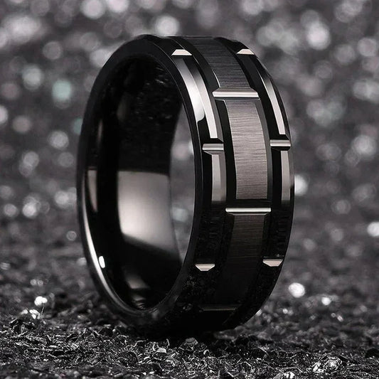 Fashion Men 8MM Stainless Steel Ring Black Color Brushed Double Groove Pattern Men's Wedding Ring Party Jewelry For Women Gift