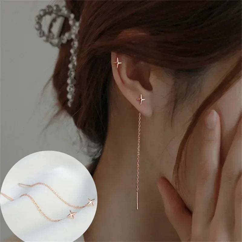 925 Silver Earring For Women Long Tassel Earrings Ear Line pendientes Fashion Zircon Star Drop Earrings