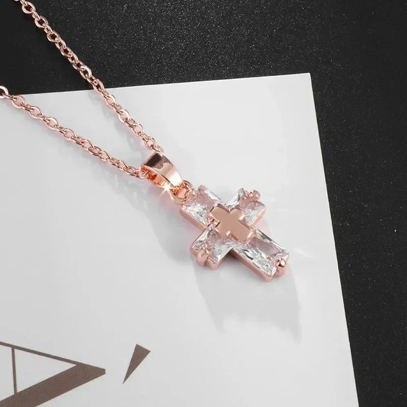 Delicate Crystal Cross Pendant Women Girls Necklace Elegant Party Wedding Jewelry Catholic Amulet Gift