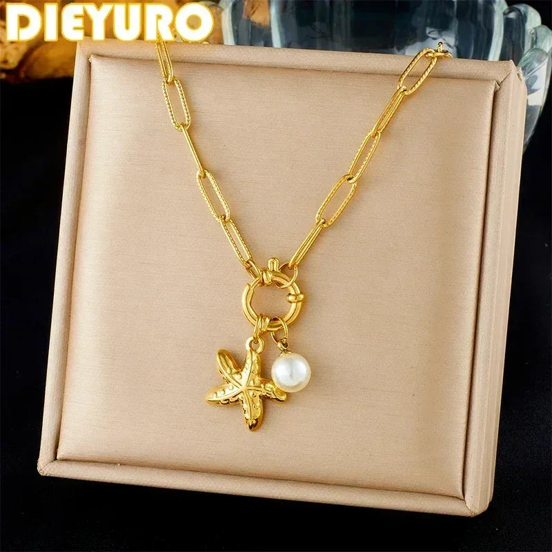 DIEYURO 316L Stainless Steel Golden Ocean Style Starfish Pearl Pendant Necklace Lady New Summer Beach Neck Chain Jewelry Gift