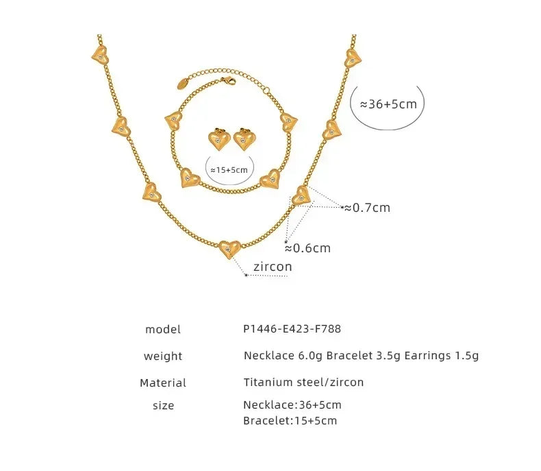 Cute Heart Necklace Earrings Bracelet Jewelry Set Stainless Steel For Women Fashion Shiny Zircon Bridal Accessories Wedding Gift