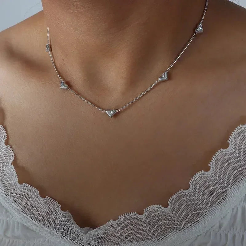 Cute Heart Necklace Earrings Bracelet Jewelry Set Stainless Steel For Women Fashion Shiny Zircon Bridal Accessories Wedding Gift
