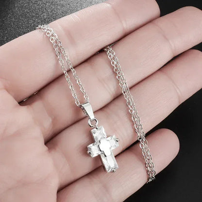 Delicate Crystal Cross Pendant Women Girls Necklace Elegant Party Wedding Jewelry Catholic Amulet Gift