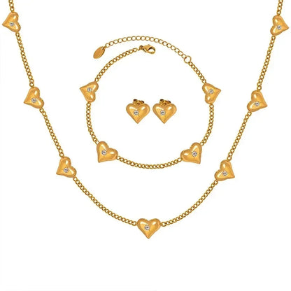 Cute Heart Necklace Earrings Bracelet Jewelry Set Stainless Steel For Women Fashion Shiny Zircon Bridal Accessories Wedding Gift